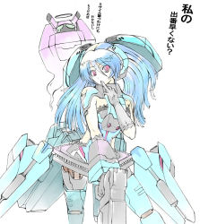 Rule 34 | 1girl, blue hair, cosmic break, female focus, finger in own mouth, gun, halo, lily rain, long hair, mecha, mecha musume, pale color, pink eyes, red eyes, robot, solo, sts, twintails, weapon, white background
