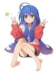 Rule 34 | 1girl, :3, absurdres, ahoge, barefoot, black shorts, blue hair, casual, collarbone, double v, feet, full body, green eyes, hair between eyes, highres, izumi konata, jitome, knees together feet apart, long hair, long sleeves, looking at viewer, loose clothes, lucky star, off shoulder, rang go, red sweater, shirt, shorts, simple background, sitting, smile, solo, star (symbol), sweater, v, very long hair, white background, white shirt