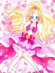 Rule 34 | 1girl, :d, aqua eyes, bare legs, blonde hair, bow, brooch, cure flora, earrings, flower, flower earrings, flower necklace, full body, gloves, go! princess precure, gradient hair, haruno haruka, highres, jewelry, long hair, looking at viewer, magical girl, multicolored hair, nagisa130, necklace, open mouth, petals, pink bow, pink hair, pink skirt, precure, puffy sleeves, shoes, skirt, smile, solo, sparkle, streaked hair, two-tone hair, waist bow, white gloves