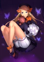 Rule 34 | 1girl, abigail williams (fate), black bow, black dress, black hat, blonde hair, bloomers, blue eyes, blush, bow, bug, butterfly, closed mouth, commentary request, dress, fate/grand order, fate (series), hair bow, hands in opposite sleeves, hat, hugging object, insect, kameponde, long hair, long sleeves, looking at viewer, orange bow, parted bangs, polka dot, polka dot bow, purple background, simple background, solo, stuffed animal, stuffed toy, teddy bear, underwear, very long hair, white bloomers