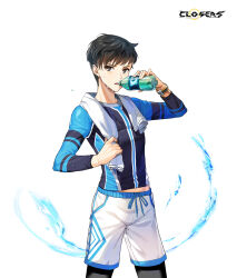 Rule 34 | 1boy, black eyes, black hair, black leggings, blue shirt, bottle, closers, copyright name, cowboy shot, drink, drinking, hand up, highres, holding, holding bottle, holding drink, holding towel, leggings, leggings under shorts, logo, long sleeves, looking at viewer, male focus, male swimwear, official art, open mouth, seha lee, shirt, short hair, shorts, solo, sweat, swim trunks, tachi-e, tight clothes, tight shirt, towel, towel around neck, variant set, watch, water, white background, white shorts, wristwatch