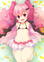 Rule 34 | 1girl, :d, arms up, asa no ha (awayuki), black bow, bow, curly hair, daisy (flower knight girl), fang, flat chest, flower, flower knight girl, frills, green background, hair bow, highres, jacket, looking at viewer, open mouth, pink hair, pink skirt, red eyes, short hair, skirt, smile, solo