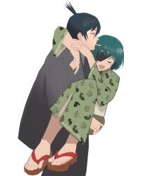 Rule 34 | 1boy, 1girl, :d, absurdres, among us, black hair, black pants, blue hair, carrying, carrying person, chainsaw man, cigarette, closed eyes, crewmate (among us), earrings, eyepatch, formal, green kimono, hayakawa aki, highres, himeno (chainsaw man), jacket, japanese clothes, jewelry, kimono, okobo, open mouth, pants, princess carry, print kimono, sandals, short hair, simple background, smile, smoking, stud earrings, suit, suit jacket, swept bangs, topknot, white background, xyanaid, zouri