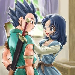Rule 34 | 1boy, 1girl, blue hair, dragon quest, dragon quest vi, earrings, hero (dq6), jewelry, muscular, necklace, open mouth, purple eyes, short hair, smile, spiked hair, sword, tania (dq6), weapon