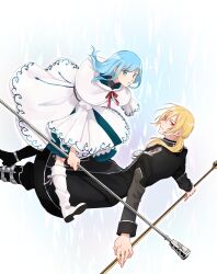 Rule 34 | 1boy, 1girl, absurdres, aiguillette, alois hades arnold rockmann, aqua eyes, belt boots, black coat, black footwear, blonde hair, blue eyes, blue hair, boots, bow, bowtie, capelet, coat, dress, falling, feet out of frame, floating clothes, floating hair, from side, hair between eyes, hair over shoulder, highres, holding, holding staff, knee boots, long hair, long sleeves, looking at viewer, looking to the side, mage staff, magic, mahou sekai no uketsukejou ni naritai desu, nanalie persephone hel, outstretched arms, ponytail, red bow, red bowtie, red eyes, shards, shoe soles, ssn30w, staff, white background, white capelet, white dress, white footwear