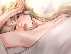 Rule 34 | 1girl, arm on own head, armpits, artist name, bed, bed sheet, blanket, closed mouth, collarbone, commentary, fingernails, genshin impact, highres, lart art1, light brown hair, long hair, looking at viewer, lying, naked sheet, ningguang (genshin impact), on back, on bed, pillow, red eyes, solo, under covers