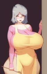 Rule 34 | 1girl, aged up, apron, breasts, brown eyes, clothes, doxy, glasses, grey hair, huge breasts, looking at viewer, mature female, old, old woman, original, parted lips, plump, smile, solo, spoon, standing, thick thighs, thighs, wide hips