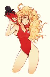 Rule 34 | 1girl, artist name, baywatch, blonde hair, breasts, commentary, cowboy shot, cropped legs, english commentary, green eyes, highres, holding, holding swim ring, innertube, lifebuoy, lifeguard, long hair, looking at viewer, medium breasts, octopus, one-piece swimsuit, original, oxcoxa, parted lips, red one-piece swimsuit, simple background, solo, swim ring, swimsuit