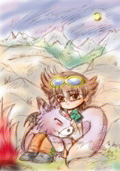 Rule 34 | 1girl, 1other, claws, closed eyes, digimon chronicle, dorumon, doumoto kouta, goggles, goggles on head, tail, wings