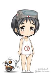 Rule 34 | 1girl, black hair, brown eyes, dated, diving mask, diving mask on head, enemy aircraft (kancolle), full body, goggles, goggles on head, kantai collection, maru-yu (kancolle), masara (chuujou), one-piece swimsuit, parted bangs, school swimsuit, short hair, solo, swimsuit, twitter username, white one-piece swimsuit, white school swimsuit