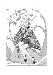 Rule 34 | 1girl, animal print, antennae, arm support, blush, border, branch, butterfly print, carlotta dicataldo, closed eyes, closed mouth, facing viewer, full body, greyscale, hair behind ear, hair between eyes, halftone, hand up, head tilt, highres, leaf, long sleeves, monochrome, nature, nose, nose blush, nostrils, original, outdoors, rebis (carlotta dicataldo), rock, rounded corners, shoes, short hair, signature, sitting, sitting on rock, smile, solo, thighhighs, u u, white border, wide sleeves, zettai ryouiki