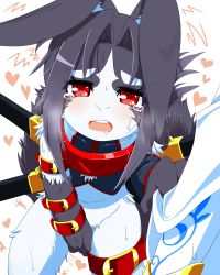 Rule 34 | 1girl, androgynous, black hair, rabbit, furry, furry female, goushu, highres, long hair, open mouth, red eyes, solo, tears, white background