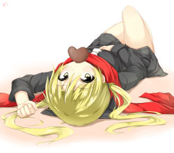 Rule 34 | 10s, 1girl, black serafuku, blonde hair, candy, chocolate, chocolate heart, food, hand on own stomach, heart, hino (2nd life), kantai collection, long sleeves, low twintails, lying, mouth hold, neckerchief, on back, pleated skirt, red scarf, red skirt, sailor collar, satsuki (kancolle), scarf, school uniform, serafuku, skirt, solo, twintails, yellow eyes