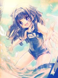 Rule 34 | 1boy, alluka zoldyck, androgynous, crossdressing, hair ornament, headband, hunter x hunter, long hair, male focus, open mouth, outstretched arms, school swimsuit, smile, solo, swimsuit, trap, water