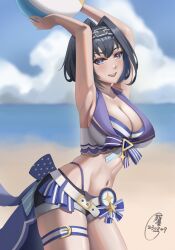 Rule 34 | 1girl, absurdres, alternate costume, armpits, arms up, ball, beach, beachball, belt, black hair, blue eyes, blush, breasts, buckle, chain, feet out of frame, highres, holding, holding ball, hololive, hololive english, large breasts, maskiy, navel, ocean, open mouth, ouro kronii, sand, skindentation, skirt, smile, swimsuit, teeth, upper teeth only, virtual youtuber