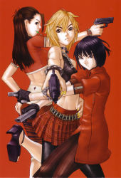 Rule 34 | 3girls, abs, absurdres, ass, ass grab, back, bare shoulders, beads, belt, black hair, black legwear, blonde hair, blue eyes, blunt bangs, bob cut, bracelet, brown eyes, brown hair, bullet, candy, chain, collar, crop top, crossed arms, dual wielding, earrings, fighting stance, flat chest, food, foreshortening, from behind, grabbing own breast, gun, hakua ugetsu, hand on own hip, handgun, high heels, highres, holding, jewelry, leather, leg lift, lollipop, long hair, looking at viewer, looking back, midriff, miniskirt, minna no shoukinkasegi, mouth hold, multiple girls, navel, necklace, official art, outstretched arm, outstretched arms, pants, pantyhose, pistol, plaid, plaid skirt, pleated skirt, profile, revolver, ring, sandals, scan, shoes, short hair, simple background, skirt, standing, striped, studded collar, tank top, turtleneck, weapon