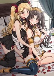 Rule 34 | 2girls, absurdres, ameyame, bed, black hair, blonde hair, blush, breasts, cleavage, curtains, ereshkigal (fate), fate/grand order, fate (series), garter straps, highres, ishtar (fate), kneeling, lingerie, maid headdress, multiple girls, on bed, petals, possessed, possession, red eyes, rose petals, siblings, sisters, sitting, sweat, thighhighs, twintails, underwear, unfinished, wariza, window