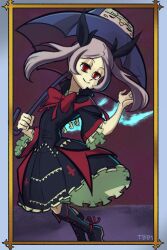 Rule 34 | 1girl, blazblue, bloody marie (skullgirls), boots, bow, bowtie, cosplay, double (skullgirls), dress, fire, frilled dress, frilled sleeves, frills, full body, grey hair, hair ribbon, half-closed eyes, highres, holding, holding umbrella, looking at viewer, portrait (object), purple background, rachel alucard, rachel alucard (cosplay), red eyes, ribbon, ribs, skeleton, skullgirls, smile, solo, thabackbone1, twintails, umbrella