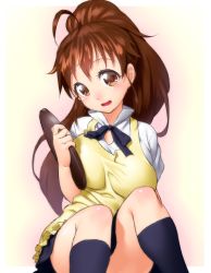 Rule 34 | 1girl, apron, blush, breasts, brown eyes, brown hair, female focus, large breasts, long hair, onsoku inu, open mouth, ponytail, skirt, smile, solo, taneshima popura, tray, waitress, working!!