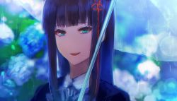 Rule 34 | 10s, 1girl, :d, blue flower, blunt bangs, blurry, blurry background, brown hair, flower, grey eyes, hair ribbon, holding, holding umbrella, hydrangea, long hair, looking at viewer, mozuyun, open mouth, outdoors, persona, persona 5, portrait, rain, red ribbon, ribbon, sidelocks, smile, solo, tougou hifumi, transparent, transparent umbrella, umbrella