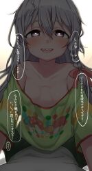 1girl absurdres ahoge bare_shoulders blurry blurry_background blush bow braid breasts bright_pupils collarbone commentary_request dokudoku913 girl_on_top green_shirt grey_hair hair_between_eyes hair_bow hair_ribbon highres hoshi_syoko huge_ahoge idolmaster idolmaster_cinderella_girls long_hair looking_at_viewer open_mouth oversized_clothes oversized_shirt purple_eyes ribbon sharp_teeth shirt single_braid small_breasts smile speech_bubble sweatdrop teeth translation_request white_pupils you_gonna_get_raped