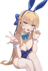 Rule 34 | 1girl, absurdres, bare shoulders, blonde hair, blue archive, blue eyes, blue leotard, bow, bowtie, breasts, cleavage, detached collar, earpiece, food, food in mouth, hands up, heiyizhushenxia, highres, holding, holding food, holding pocky, leotard, long hair, medium breasts, microphone, official alternate costume, official alternate hairstyle, open mouth, playboy bunny, pocky, pocky in mouth, simple background, sitting, solo, teeth, thighhighs, toki (blue archive), toki (bunny) (blue archive), upper teeth only, v, very long hair, white background, white thighhighs, wrist cuffs