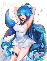 Rule 34 | 1girl, armpits, arms behind head, bao (vtuber), bao (vtuber) (3rd costume), blue hair, bluemayo, bow, bowtie, breasts, bridal garter, cetacean tail, covered navel, dress, fangs, fins, fish tail, hair between eyes, hair bow, highres, indie virtual youtuber, large breasts, liquid hair, long hair, looking at viewer, open mouth, ponytail, red eyes, short dress, smile, solo, sundress, tail, tongue, tongue out, twitter username, very long hair, virtual youtuber, water drop, whale girl, white bow, white dress