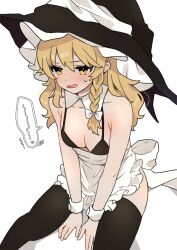 Rule 34 | 1girl, apron, black bra, black thighhighs, blonde hair, bow, bra, breasts, embarrassed, hair bow, hat, highres, kirisame marisa, medium breasts, necono (nyu6poko), sitting, solo, sound effects, speech bubble, sweatdrop, thighhighs, touhou, underwear, white apron, white background, white bow, witch hat, yellow eyes