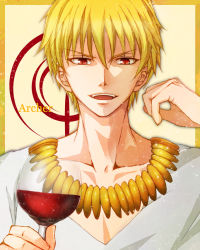 Rule 34 | 1boy, alcohol, bad id, bad pixiv id, blonde hair, command spell, cup, drinking glass, fate/zero, fate (series), gilgamesh (fate), jewelry, leopon, male focus, necklace, official alternate costume, red eyes, short hair, solo, wine, wine glass