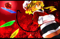 Rule 34 | 1girl, adapted costume, alternate costume, bad id, bad pixiv id, black thighhighs, blonde hair, crystal, female focus, flandre scarlet, hat, jacket, long sleeves, mantarou (shiawase no aoi tori), moon, pointy ears, red eyes, red moon, short hair, shorts, siawasenoaoitori, side ponytail, solo, thighhighs, touhou, wings