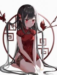 Rule 34 | absurdres, bad id, bad pixiv id, barefoot, black hair, blush, bottomless, breasts, bug, butterfly, china dress, chinese clothes, closed mouth, crying, crying with eyes open, dress, flower, hair ornament, highres, insect, leaf, leaf hair ornament, long hair, original, red butterfly, red dress, red eyes, riko (rik0ring), short sleeves, simple background, sitting, small breasts, soles, solo, tears, thighs, very long hair, wariza, white background
