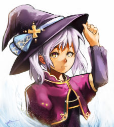 Rule 34 | 10s, 1girl, 2012, absurdres, borrowed character, capelet, cecilia (acerailgun), flat chest, hand on headwear, hat, heterochromia, highres, light purple hair, long sleeves, orange eyes, original, robert knight, signature, simple background, solo, upper body, white background, witch, witch hat