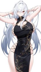 Rule 34 | 1girl, absurdres, alternate costume, armpits, arms behind head, black dress, breasts, casul, china dress, chinese clothes, dress, eyes visible through hair, groin, hair over one eye, hands in hair, highres, honkai: star rail, honkai (series), jingliu (honkai: star rail), large breasts, long hair, looking at viewer, parted lips, red eyes, revealing clothes, sideboob, solo, white background, white hair