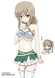 Rule 34 | 10s, 2girls, bare arms, bare shoulders, black bow, black hairband, blush, blush stickers, boko (girls und panzer), bow, breasts, brown eyes, cleavage, closed mouth, collarbone, criss-cross halter, crop top, dated, flipper, girls und panzer, green skirt, hair between eyes, hair bow, hairband, halterneck, hand on own chest, hand up, light brown hair, long hair, medium breasts, midriff, mother and daughter, multiple girls, navel, hugging object, one side up, pleated skirt, shimada arisu, shimada chiyo, simple background, skirt, solo focus, stuffed animal, stuffed toy, sweat, teddy bear, thighhighs, translation request, twitter username, white background, white legwear