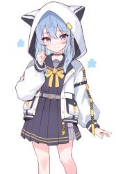 Rule 34 | 1girl, amaki daisuke, animal hood, black sailor collar, black serafuku, black skirt, blue eyes, blue hair, blush, clenched hand, closed mouth, commentary request, feet out of frame, grey choker, hand up, highres, hololive, hood, hood up, hooded jacket, hoshimachi suisei, jacket, long hair, long sleeves, looking at viewer, open clothes, open jacket, pleated skirt, sailor collar, school uniform, serafuku, simple background, skirt, smile, solo, standing, star (symbol), virtual youtuber, white background, white jacket