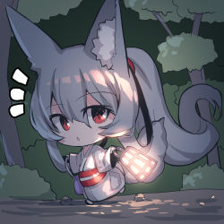 Rule 34 | 1girl, absurdly long hair, animal ear fluff, animal ears, barefoot, chibi, commentary request, fox ears, fox girl, fox tail, full body, grey hair, hair between eyes, highres, holding, holding lantern, japanese clothes, kimono, kinchaku, lantern, long hair, long sleeves, looking at viewer, night, notice lines, obi, original, outdoors, parted lips, ponytail, pouch, red eyes, sash, solo, tail, tree, very long hair, walking, white kimono, wide sleeves, yuuji (yukimimi)