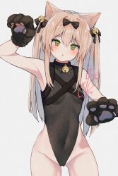 Rule 34 | 1girl, :o, animal ears, animal hands, arm up, bare hips, bell, black bow, black collar, black leotard, blush, bow, cat ears, chest harness, collar, commentary, covered navel, cropped legs, girls&#039; frontline, gloves, green eyes, grey background, groin, hair bell, hair between eyes, hair bow, hair intakes, hair ornament, harness, head tilt, highleg, highleg leotard, highres, leotard, long hair, looking at viewer, neck bell, no pants, no shirt, open mouth, paw gloves, paw pose, pink hair, signature, simple background, sleeveless turtleneck leotard, solo, thighs, tmp (girls&#039; frontline), tmp (meow prism power) (girls&#039; frontline), two side up, youthpaint