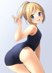 Rule 34 | 1girl, :d, ass, bare arms, bare shoulders, black one-piece swimsuit, blue background, blue eyes, blush, breasts, commentary request, gradient background, hand up, high ponytail, highres, looking at viewer, looking back, old school swimsuit, one-piece swimsuit, open mouth, original, ponytail, school swimsuit, shibacha, small breasts, smile, solo, swimsuit