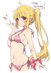 Rule 34 | 1girl, bikini, blonde hair, bocchi the rock!, breasts, commentary request, happy birthday, highres, ijichi nijika, long hair, looking at viewer, medium breasts, mel (melty pot), red eyes, side-tie bikini bottom, side ponytail, solo, striped bikini, striped clothes, swimsuit