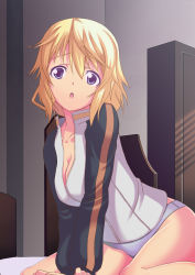 Rule 34 | 10s, 1girl, :o, absurdres, bad id, bad pixiv id, bed, blonde hair, charlotte dunois, chausagi, highres, infinite stratos, jacket, long hair, no pants, panties, purple eyes, quality, sitting, solo, track jacket, underwear, wariza