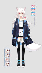 Rule 34 | 1girl, :d, ^^^, ahoge, anger vein, animal, animal ear fluff, animal ears, black collar, black footwear, black thighhighs, blue jacket, blush, boots, closed eyes, collar, colored eyelashes, commentary request, dated, drawstring, dress, expressions, fox, fox ears, fox girl, fox tail, full body, grey background, hair between eyes, highres, jacket, kkkula (kula), long hair, multiple views, nose blush, o o, off shoulder, open clothes, open jacket, open mouth, original, red eyes, smile, standing, tail, thighhighs, white dress, white hair