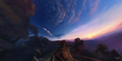 Rule 34 | absurdres, blurry, cloud, dark, depth of field, doujiang rr, fisheye, highres, horizon, horse, mountain, no humans, path, pov, reins, road, scenery, signature, sky, spice and wolf, sunrise, tree