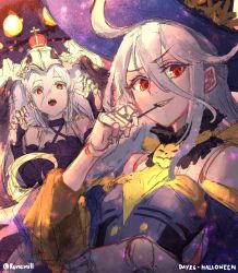 Rule 34 | 2girls, ahoge, commentary, crown, doll joints, dress, english commentary, granblue fantasy, grey hair, grin, hair between eyes, hand up, hat, highres, joints, looking at viewer, multiple girls, open mouth, orchis, purple dress, purple headwear, red eyes, runemill, shadowverse, shingeki no bahamut, sketch, smile, twitter username, zwei (bahamut), zwei (shingeki no bahamut)