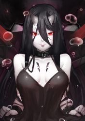 Rule 34 | 10s, 1girl, abyssal ship, bare arms, bare shoulders, battleship princess, black dress, breasts, buckle, cleavage, closed mouth, collar, collarbone, dress, hair between eyes, horns, k jin, kantai collection, long hair, medium breasts, pale skin, purple lips, red eyes, sleeveless, sleeveless dress, smile, solo, tsurime, upper body, very long hair, water, water drop