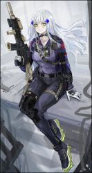 Rule 34 | 1girl, absurdres, assault rifle, belt, breasts, collarbone, commentary, earpiece, facial mark, foregrip, full body, german flag, girls&#039; frontline, gloves, green eyes, gun, h&amp;k hk416, hair ornament, handgun, highres, hk416 (girls&#039; frontline), holding, holding gun, holding weapon, holstered, id card, knee pads, long hair, long sleeves, medium breasts, nslacka, pants, rifle, shoes, sideways glance, silver hair, sitting, sneakers, solo, suppressor, throat microphone, trigger discipline, weapon, white gloves
