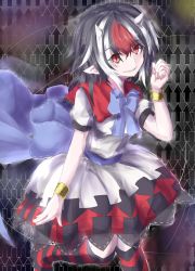 Rule 34 | 1girl, alternate legwear, arrow (symbol), black hair, bow, clenched hand, eyes visible through hair, grey horns, grin, head tilt, highres, horns, kijin seija, knees together feet apart, large bow, looking at viewer, multicolored hair, non-nyo, patterned background, pointy ears, red eyes, red hair, see-through, sharp teeth, smile, solo, streaked hair, striped clothes, striped thighhighs, teeth, thighhighs, touhou, upper body, white hair, zettai ryouiki
