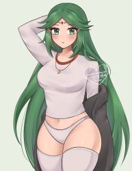 1girl artist_name black_robe covered_navel crop_top english_text eyebrows_hidden_by_hair forehead_jewel green_eyes green_hair highres jewelry kid_icarus kid_icarus_uprising long_hair long_sleeves looking_at_viewer luci_(purrlucii) necklace nintendo palutena panties parted_bangs robe shirt signature underwear very_long_hair white_background white_panties white_shirt