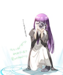 Rule 34 | 1girl, black coat, black footwear, camera, coat, commentary request, datura 7357, dress, fern (sousou no frieren), full body, highres, holding, holding camera, long dress, long hair, long sleeves, magic circle, on one knee, open clothes, open coat, purple hair, shoes, sidelocks, simple background, solo, sousou no frieren, taking picture, translation request, white background, white dress