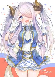 Rule 34 | 10s, 1girl, :d, alternate costume, alternate hairstyle, blue eyes, blush, bow, breasts, cowboy shot, draph, gloves, granblue fantasy, hair bow, hair over one eye, heart, heart-shaped pupils, highres, horns, kimi to boku no mirai, large breasts, long hair, looking at viewer, low-tied long hair, miniskirt, nan (jyomyon), narmaya (granblue fantasy), open mouth, pointy ears, puffy short sleeves, puffy sleeves, purple hair, ribbon, short sleeves, skirt, smile, solo, symbol-shaped pupils, text focus, translated, twintails, v, white gloves