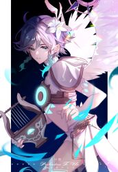 Rule 34 | 1boy, absurdres, androgynous, black hair, blue eyes, blue hair, braid, bridal gauntlets, capelet, chest tattoo, chinese commentary, commentary request, crop top, elbow gloves, feathered wings, flower, genshin impact, gloves, gold trim, hair flower, hair ornament, highres, holding, holding instrument, hood, hooded capelet, instrument, leg tattoo, lyre, male focus, official alternate costume, shichong, short hair with long locks, shorts, smile, solo, tattoo, twin braids, venti (archon) (genshin impact), venti (genshin impact), white flower, white gloves, white shorts, white wings, wings